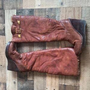 Michael Kors Faux Fur Leather Brown Knee High Wedge Boots Sz 6.5 Women